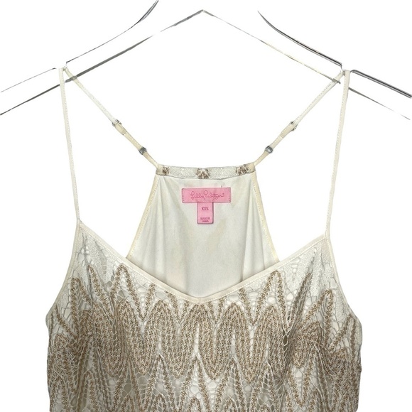 Lilly Pulitzer Mini Dress Sparkly Gold Thread Crochet Adjustable Straps XXS - Picture 3 of 9